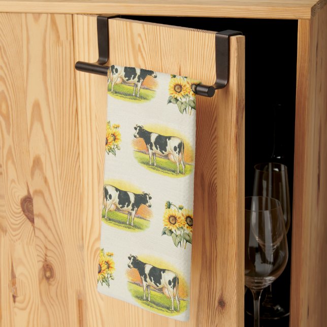 Linge De Cuisine Vaches et tournesols sur la texture du lin plié (Pliage en tiers)