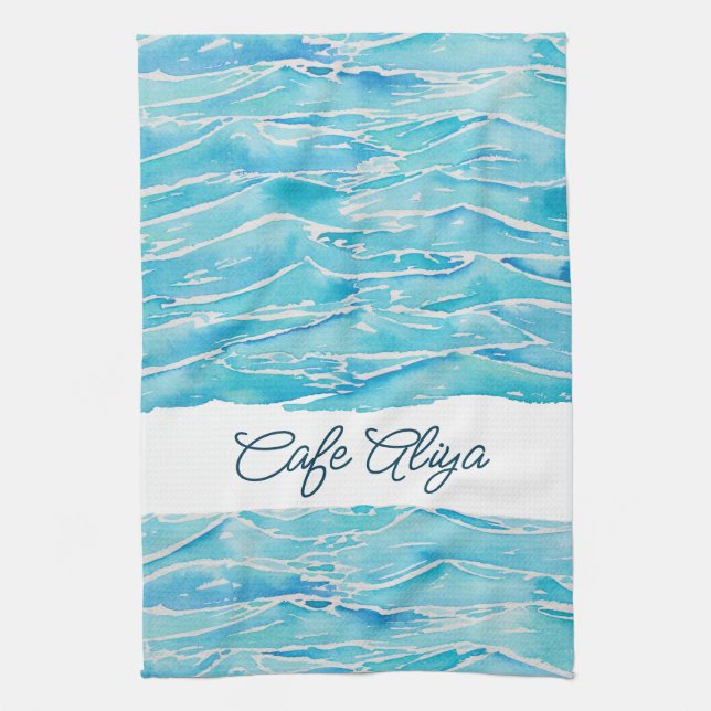 Linge De Cuisine Vagues de plage personnalisées avec nom Aquarelle  (Vertical)