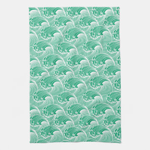 Linge De Cuisine Vagues japonaises vintages, Jade Green et White