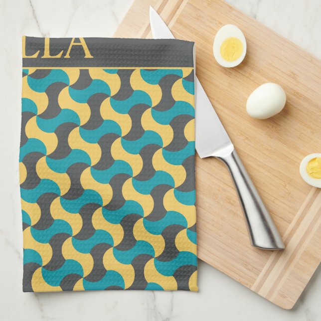 Linge De Cuisine Vagues Marine Jaune Motif minimal (Quart Plié)