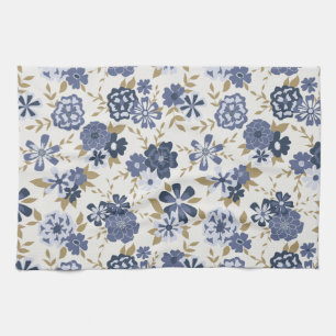 Linge De Cuisine Vecteur Bleu Illustré Vins Fleurs Botaniques