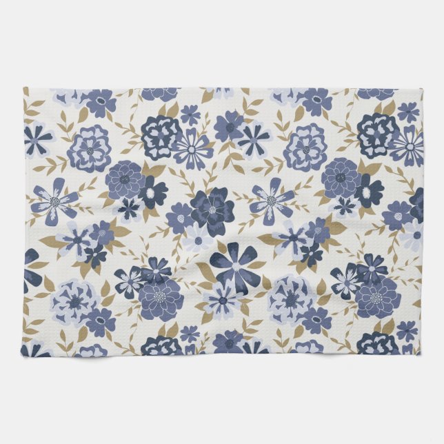 Linge De Cuisine Vecteur Bleu Illustré Vins Fleurs Botaniques (Horizontal)
