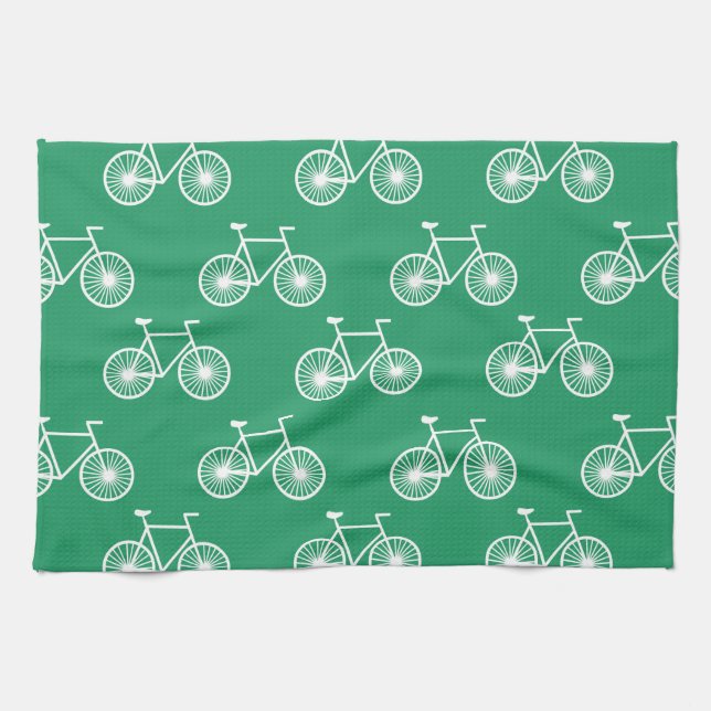 Linge De Cuisine Vélo blanc, Motif à vélo; Kelly Green (Horizontal)