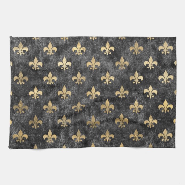 Linge De Cuisine Velours noir Fleur de Lis Mardi Gras Orleans (Horizontal)