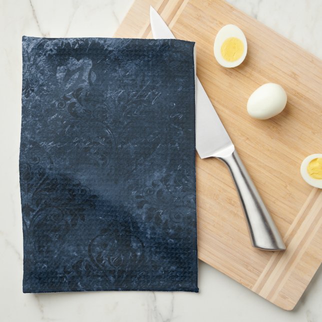Linge De Cuisine Velvety Navy Damask | Bleu foncé Grunge Baroque (Quart Plié)