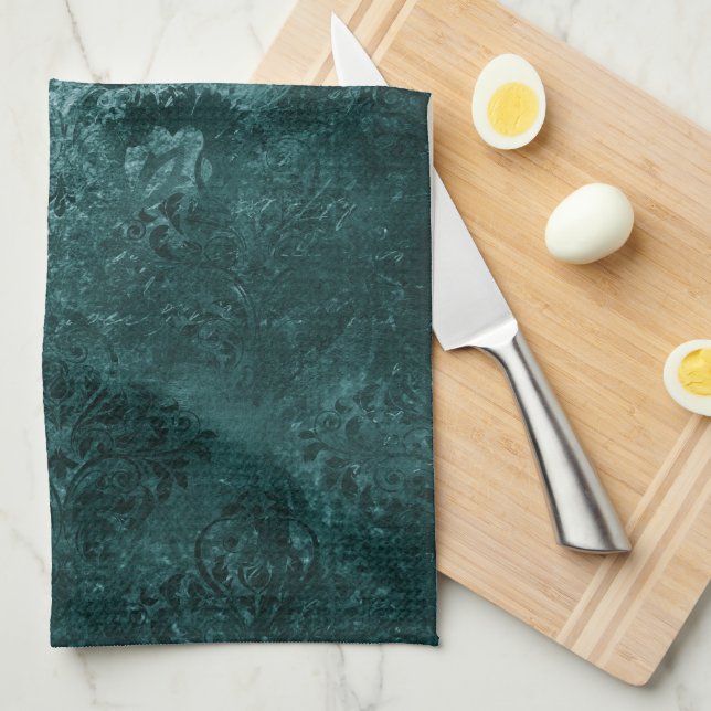 Linge De Cuisine Velvety Turquoise Damask | Grunge vert foncé Baroq (Quart Plié)