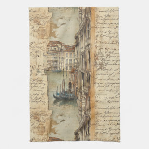 Linge De Cuisine Venise vintage canal avec écriture manuscrite