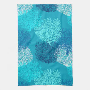 Linge De Cuisine Ventilateur Coral Print, Turquoise, Aqua et Bleu C