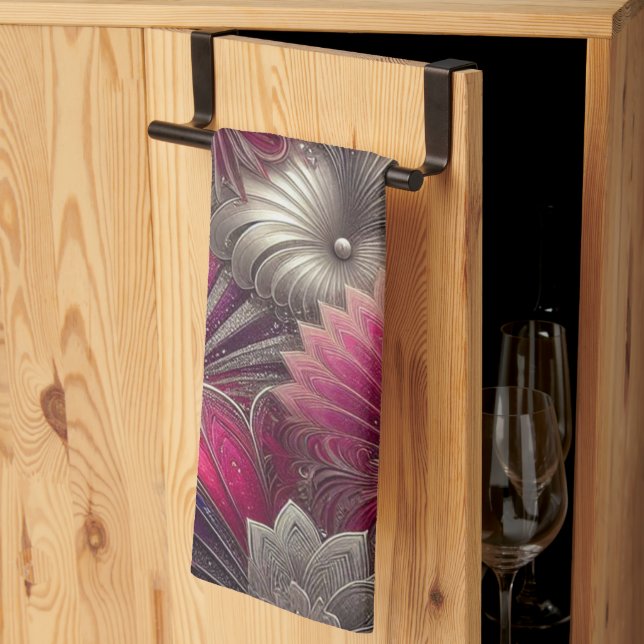 Linge De Cuisine Ventilateurs Art nouveau rose et argent (Pliage en tiers)