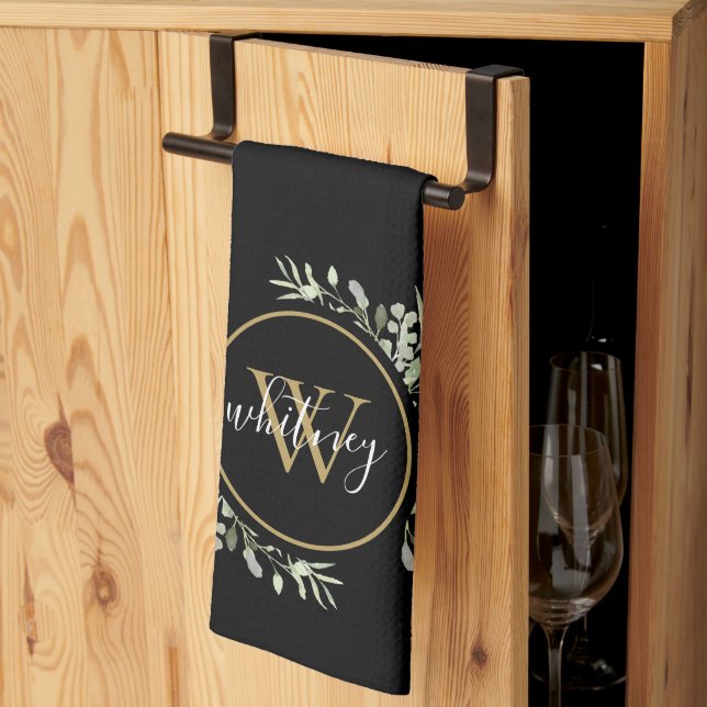 Linge De Cuisine Verdure Or Monogramme Chic Script Noir (Pliage en tiers)