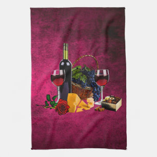 Linge De Cuisine Verres de vin, bouteille, raisin, fromage, chacola