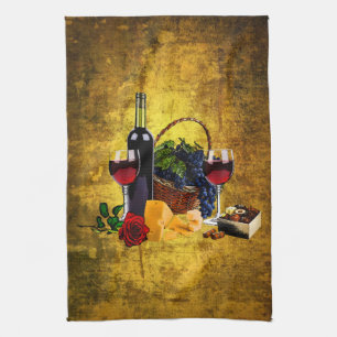 Linge De Cuisine Verres de vin, bouteille, raisins, fromage,