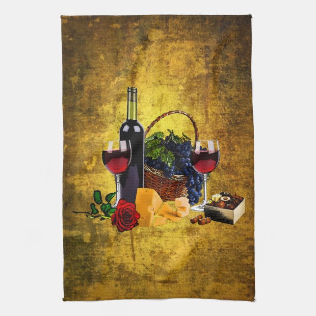 Linge De Cuisine Verres de vin, bouteille, raisins, fromage, (Vertical)