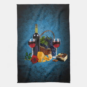 Linge De Cuisine Verres de vin, bouteille, raisins, fromage,