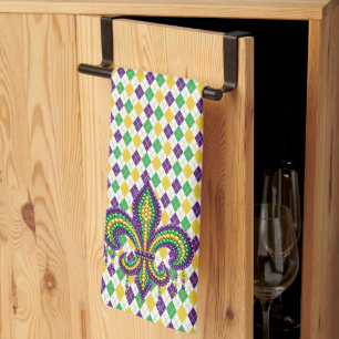 Linge De Cuisine Vert jaune pourpre Mardi Gras fleur de lis