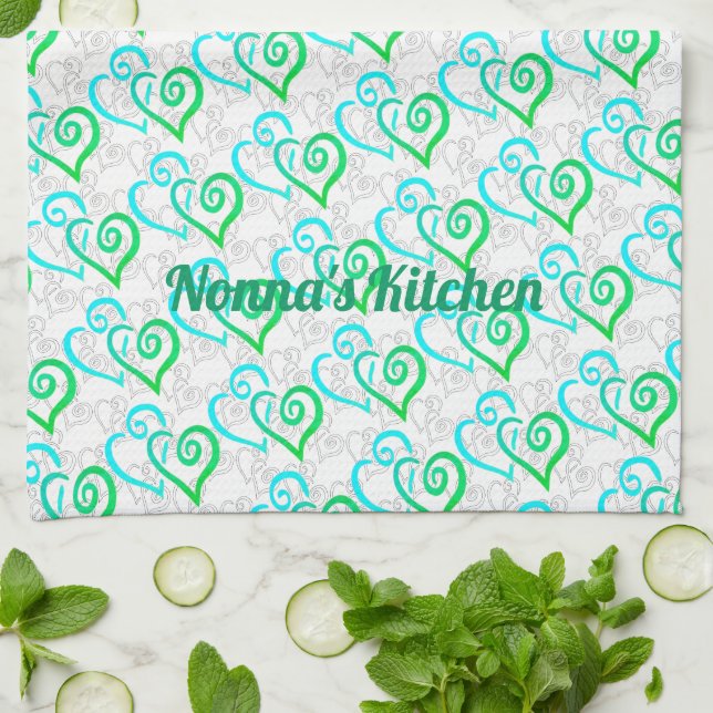 Linge De Cuisine Vert Turquoise Linked Heart Art Personnalisé (Plié)