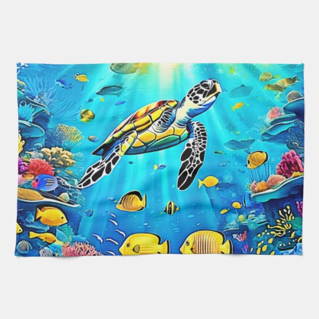 Linge De Cuisine Vibrant Sea Turtle Reef Art (Horizontal)
