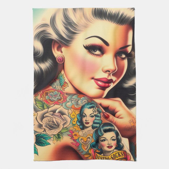 Linge De Cuisine Vieux Tatouage de l'école Pin-up (Vertical)