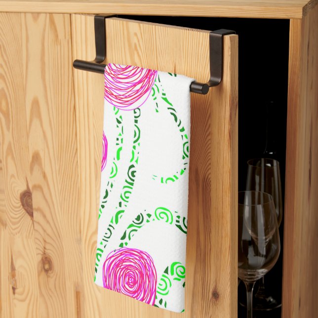 Linge De Cuisine Vignes vert et rose (Pliage en tiers)