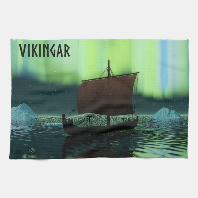 Linge De Cuisine Viking Navire Et Lumières Du Nord (Horizontal)