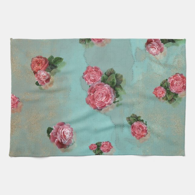 Linge De Cuisine Vinage Fleur Rose floral bleu rose nostalgique (Horizontal)