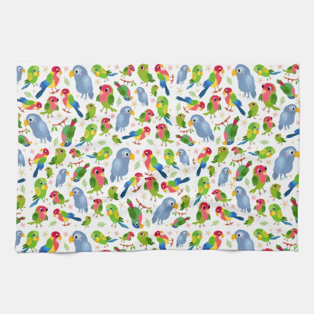 Linge De Cuisine Vintage Birds Motif, Colorful parakeet motif (Horizontal)