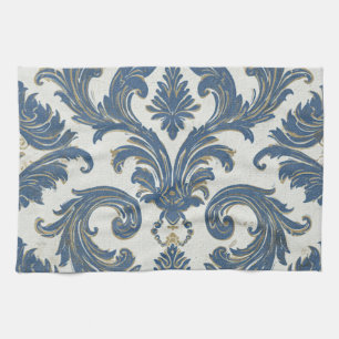 Linge De Cuisine Vintage Bleu et or Baroque Damas