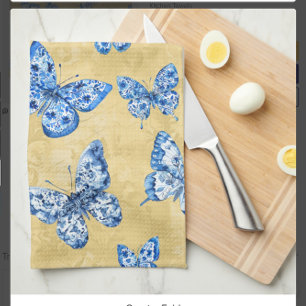 Linge De Cuisine Vintage Chinoiserie Papillons bleus Damas dénaturé