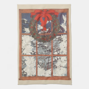 Linge De Cuisine Vintage couronne de Noël dans une fenêtre avec nei