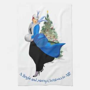 Linge De Cuisine Vintage dame en bleu voeux de Noël