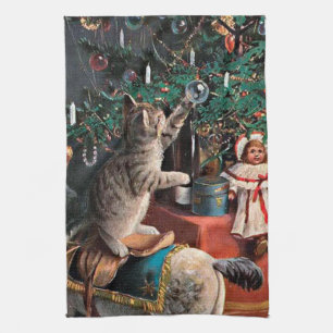 Linge De Cuisine vintage festif chat de Noël