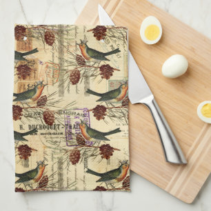 Linge De Cuisine Vintage Français Birds Verdure Script Timbres