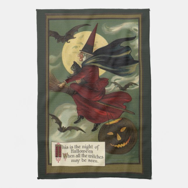 Linge De Cuisine Vintage Halloween sorcière Broomstick avec chat (Vertical)