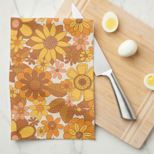 Linge De Cuisine Vintage les années 70 rétro motif Floral Brown Jau