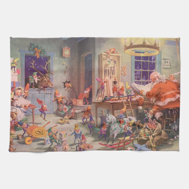 Linge De Cuisine Vintage Noël, Santa Claus avec Elves Atelier (Horizontal)