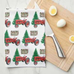 Linge De Cuisine Vintage Tracteur Rouge Et Noël Arbre  