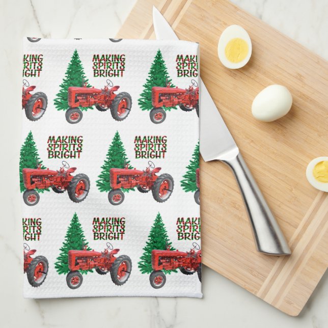Linge De Cuisine Vintage Tracteur Rouge Et Noël Arbre   (Quart Plié)