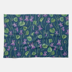 Linge De Cuisine Violettes à l'aquarelle sur fond bleu