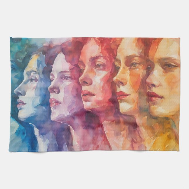 Linge De Cuisine Visages des femmes - Peinture aquarelle (Horizontal)