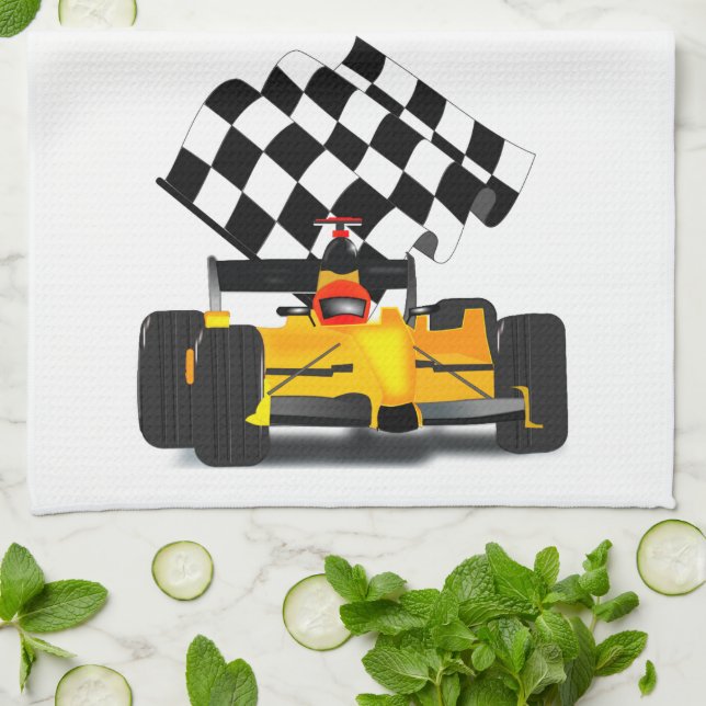 Linge De Cuisine Voiture de course jaune avec drapeau À damiers (Plié)