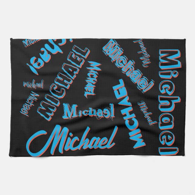 Linge De Cuisine Votre nom motif monogramme bleu rouge noir (Horizontal)