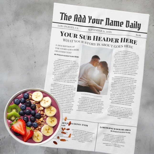 Linge De Cuisine Votre propre article d'actualité de première page  (Your Own Front Page News Story Photo Personalized Kitchen Towel from Ricaso. Make your own paper)