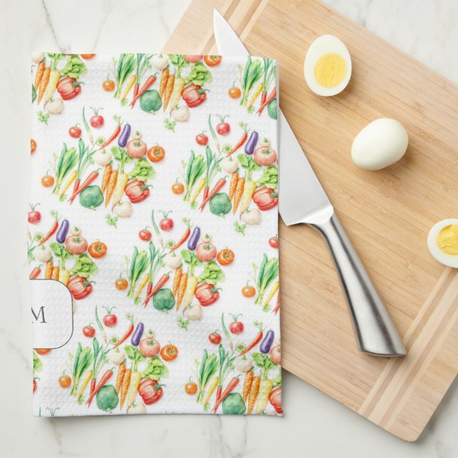 Linge De Cuisine Watercolor vegetables pattern monogrammed (Quart Plié)
