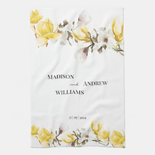 Linge De Cuisine Watercolor Yellow et White Magnolia Blossom