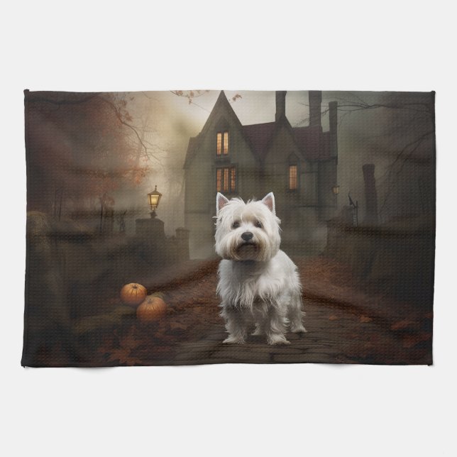 Linge De Cuisine West Highland White Terrier Halloween effrayant (Horizontal)