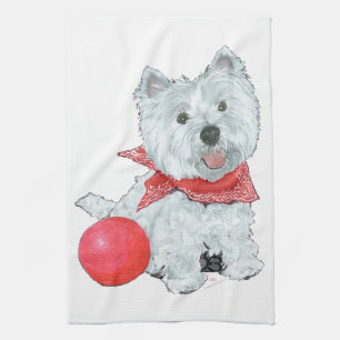 Linge De Cuisine Westie avec balle rouge
