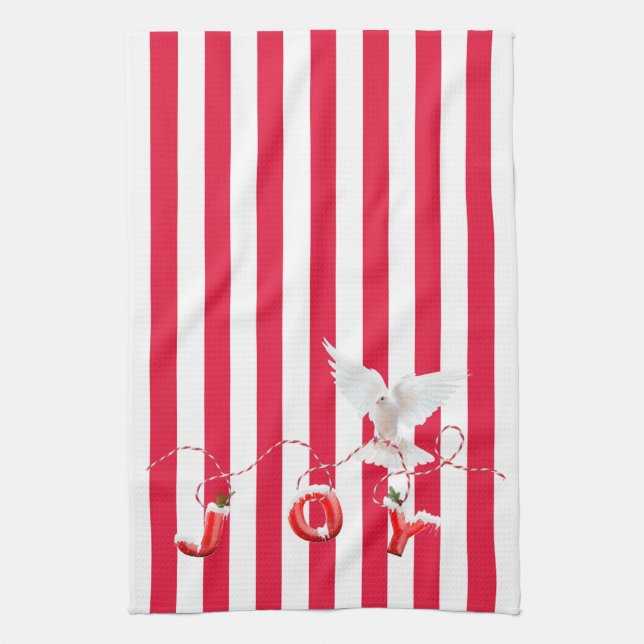 Linge De Cuisine White Christmas Dove On Stripes (Vertical)