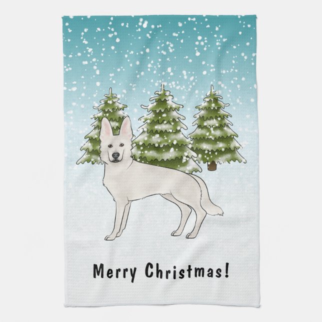 Linge De Cuisine White Swiss Shepherd White GSD Chien Forêt d'hiver (Vertical)