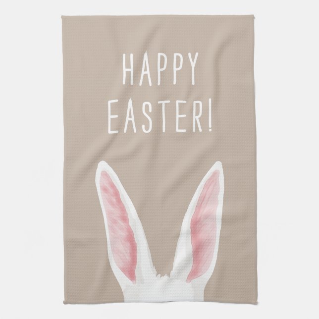 Linge De Cuisine White Watercolor Bunny Ears On Beige Happy Easter (Vertical)