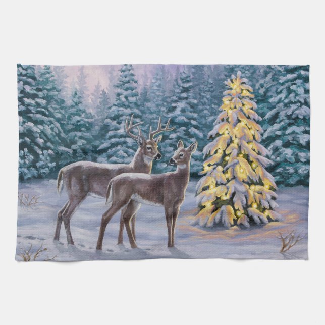 Linge De Cuisine Whitetail Deer & Christmas Tree Scene hivernale (Horizontal)